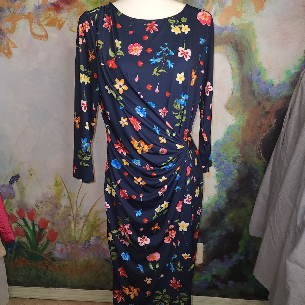 Tahari Navy Blue Floral Sheath Dress with a Draping Hip Gather.